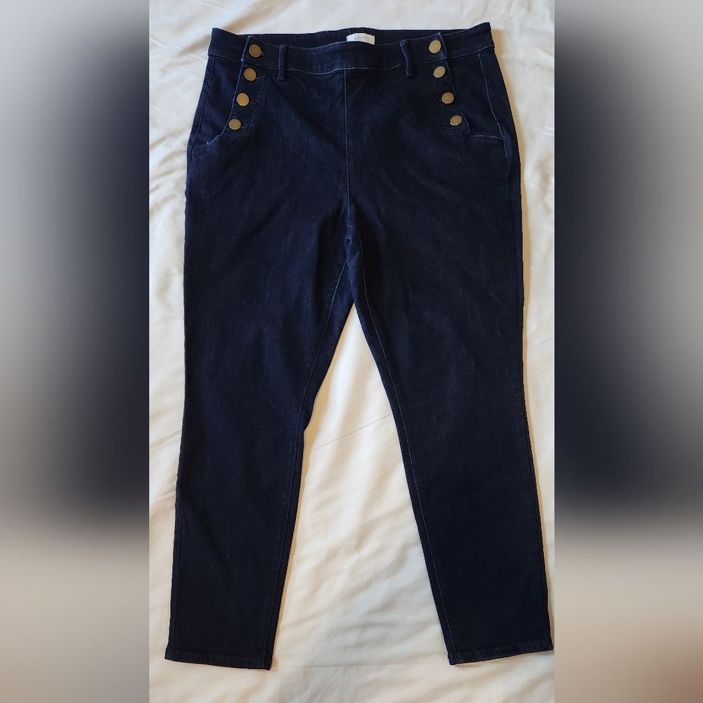 Loft Navy High-Waisted Skinny Jeans with Button Detail Size 16